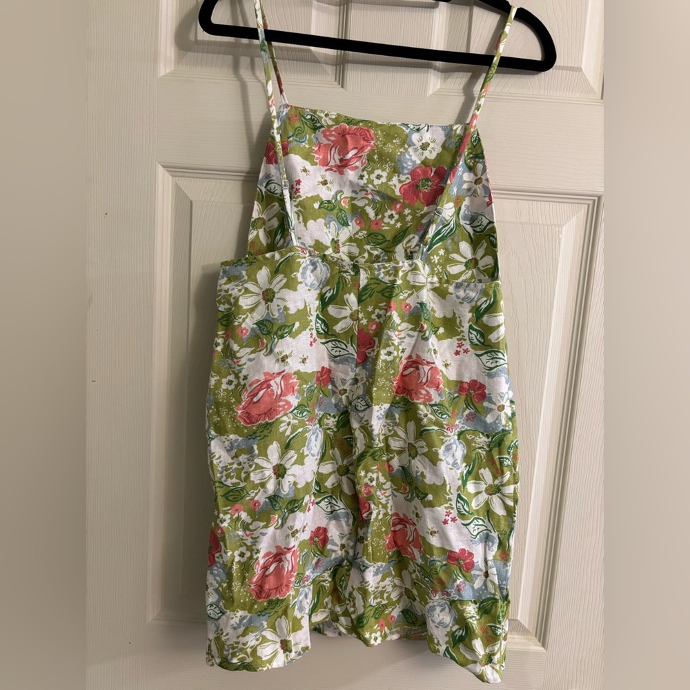 Reformation Full Linen Floral Square-Neck Mini Dress in Green, Pink and Blue - Picture 3 of 8